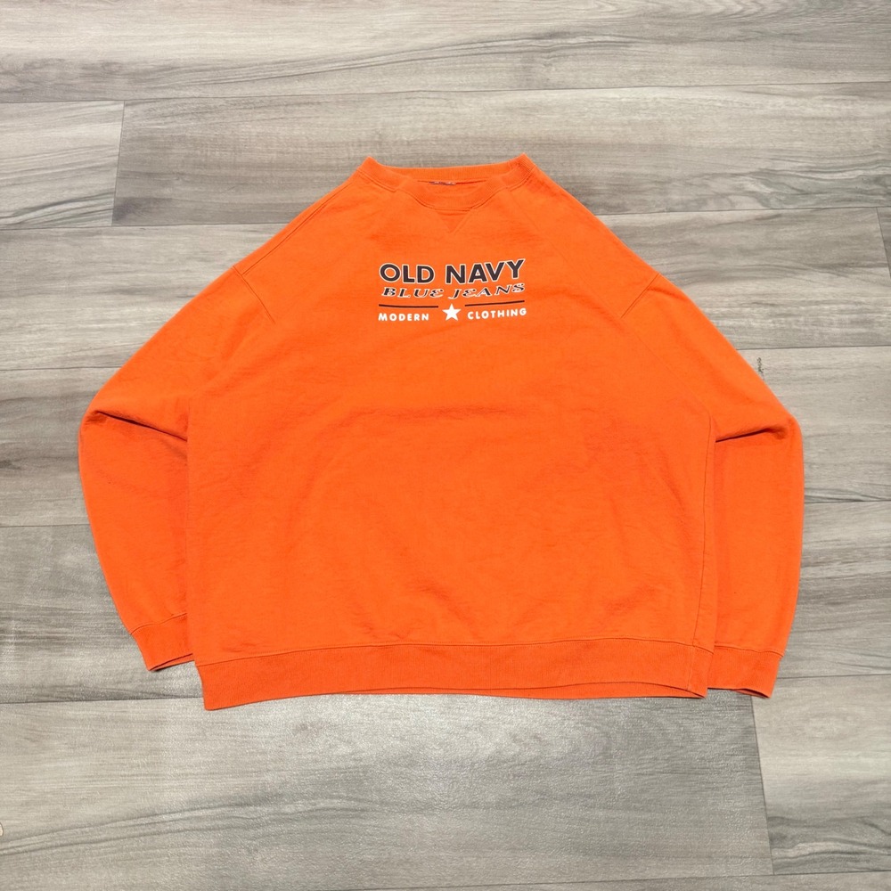 Old Navy Blue Jeans Modern Clothing Orange Graphic Crewneck Sweatshirt Raglan L